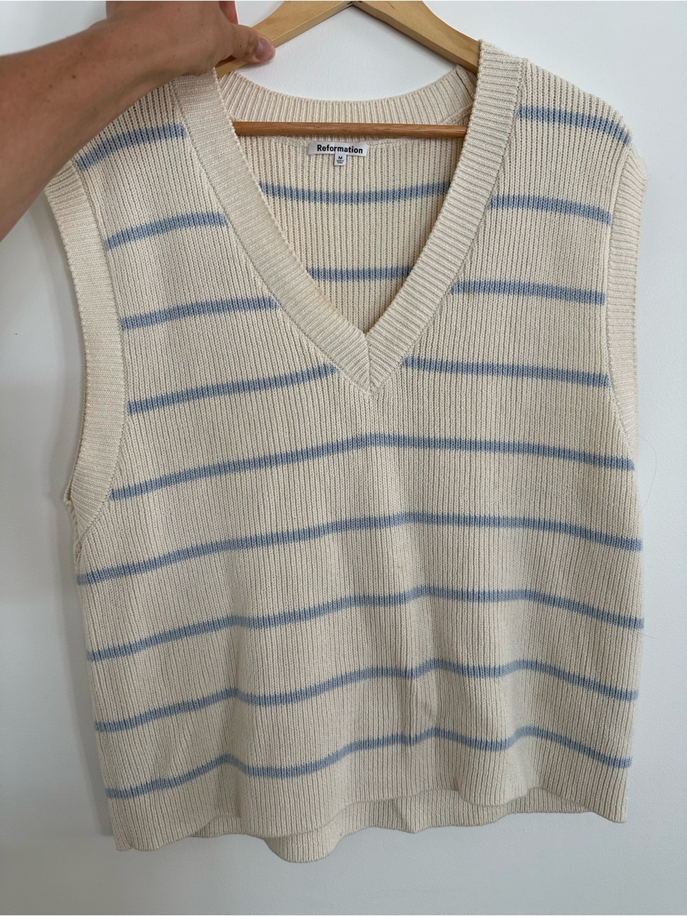 Reformation Cream and Light Blue Striped V-Neck Knit Vest
